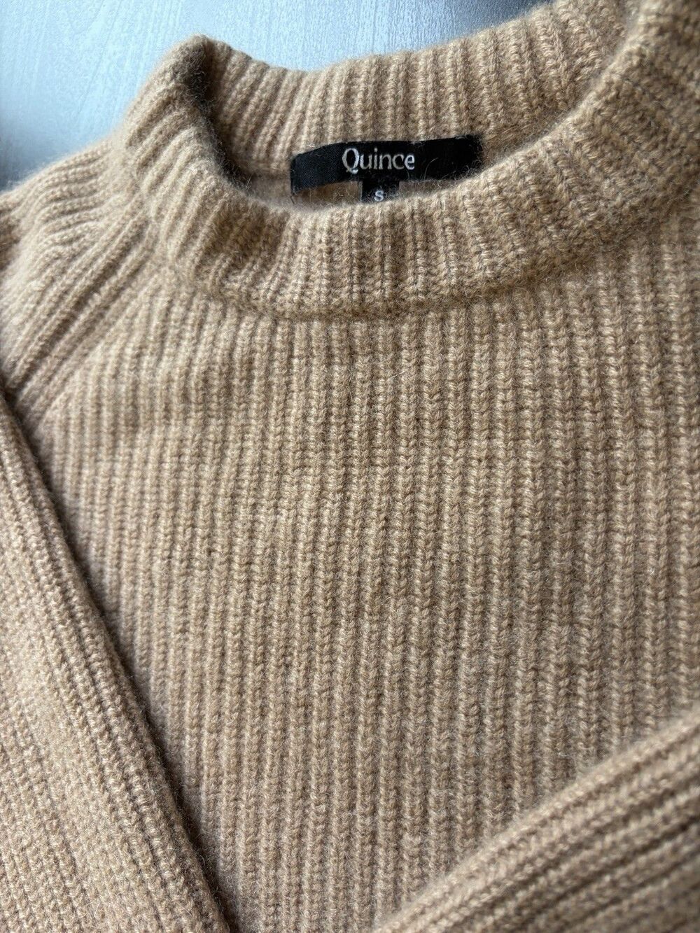 Quince EUC Rare Camel Cashmere Fisherman Sweater Sz Small Tan Rib Knit Crewneck